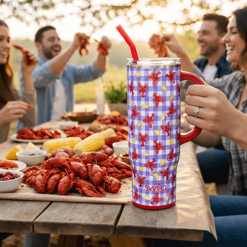 LET THE GOOD TIMES BOIL - 40 OZ TRAVEL MUG - Swig at a crawfish boil gathering with friends.