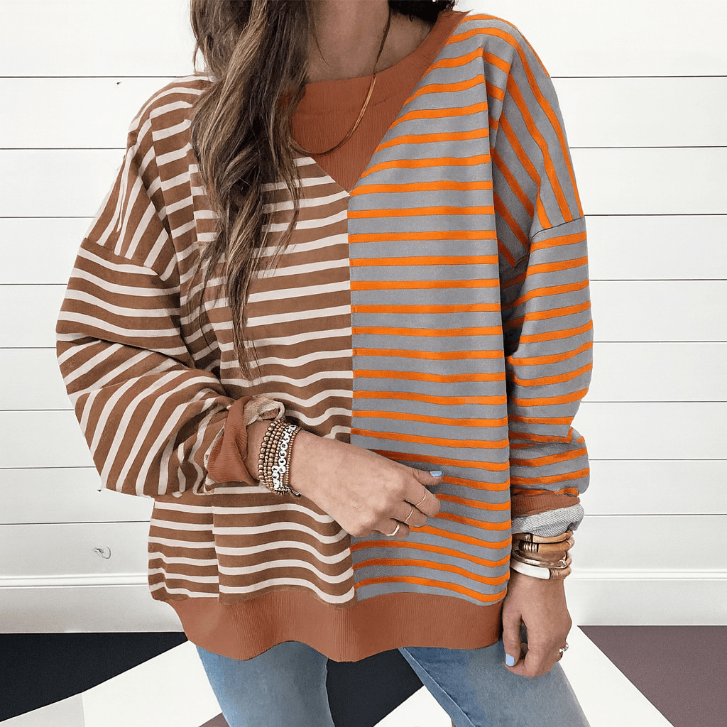 MAPLE CIDER CREWNECK TOP featuring a brown and orange stripe colorblock design on a relaxed oversized sweatshirt.