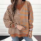 MAPLE CIDER CREWNECK TOP featuring a brown and orange stripe colorblock design on a relaxed oversized sweatshirt.
