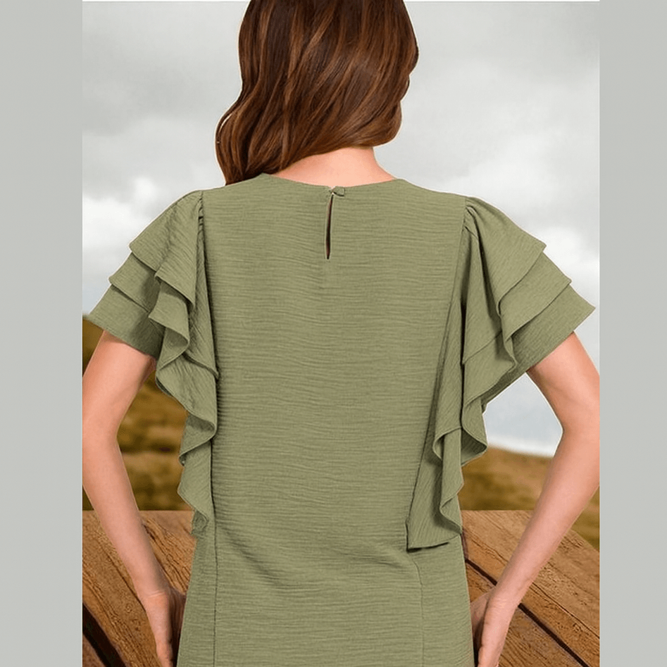 Back view of Meadow Breeze Top by Zenana in Dark Sage with ruffle sleeves, perfect for airy comfort and style.