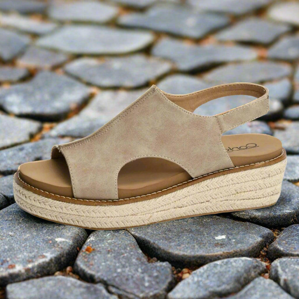 Corkys Ready or Not Wedges in taupe, stylish and comfortable 2" heel sandals with braided detail.
