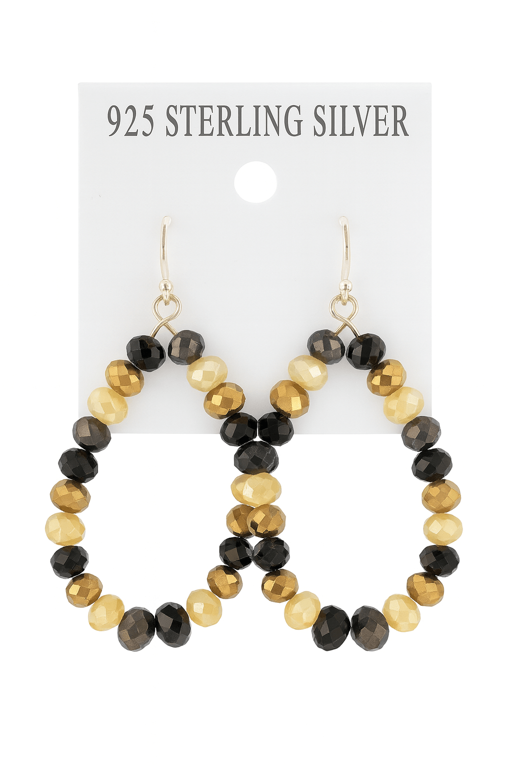Cherish Beaded Teardrop Earrings with black and gold beads on gold-plated sterling silver, perfect for any occasion.