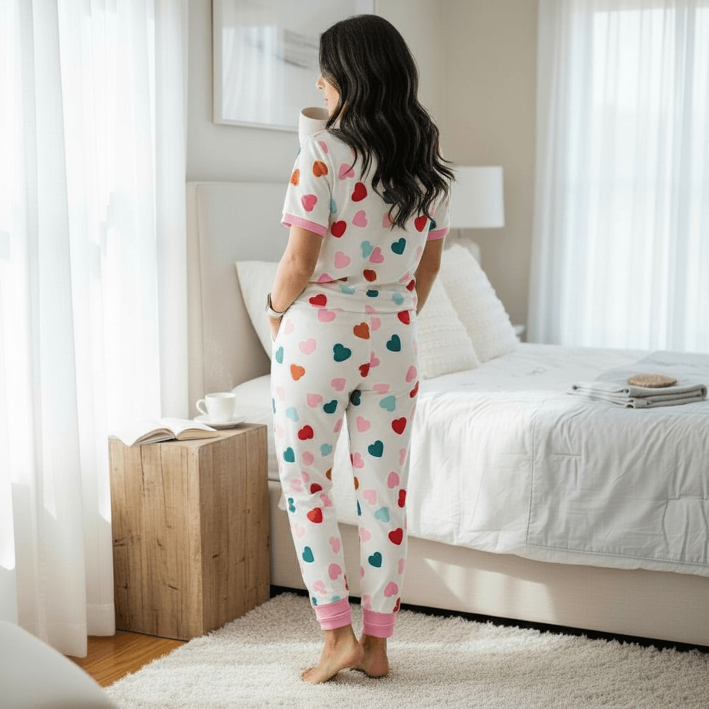 Model wearing SWEET TALK PAJAMAS by Shirley & Stone, featuring a playful heart print in a cozy bedroom setting.