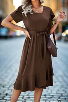 Hot Chocolate midi dress featuring short petal sleeves, ruffle trim, and a belted waist in a chic cocoa color.