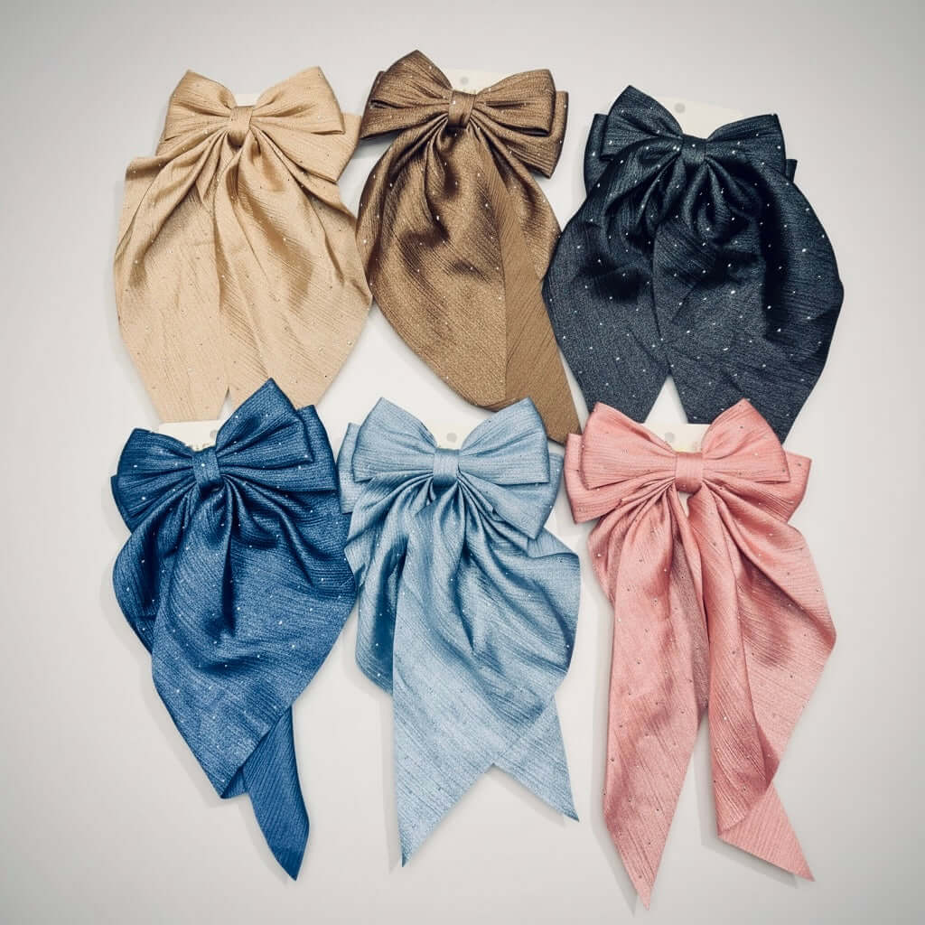 DAZZLE DARLING HAIR BOWS (6 colors) featuring oversized textured bows in various colors with rhinestone accents.