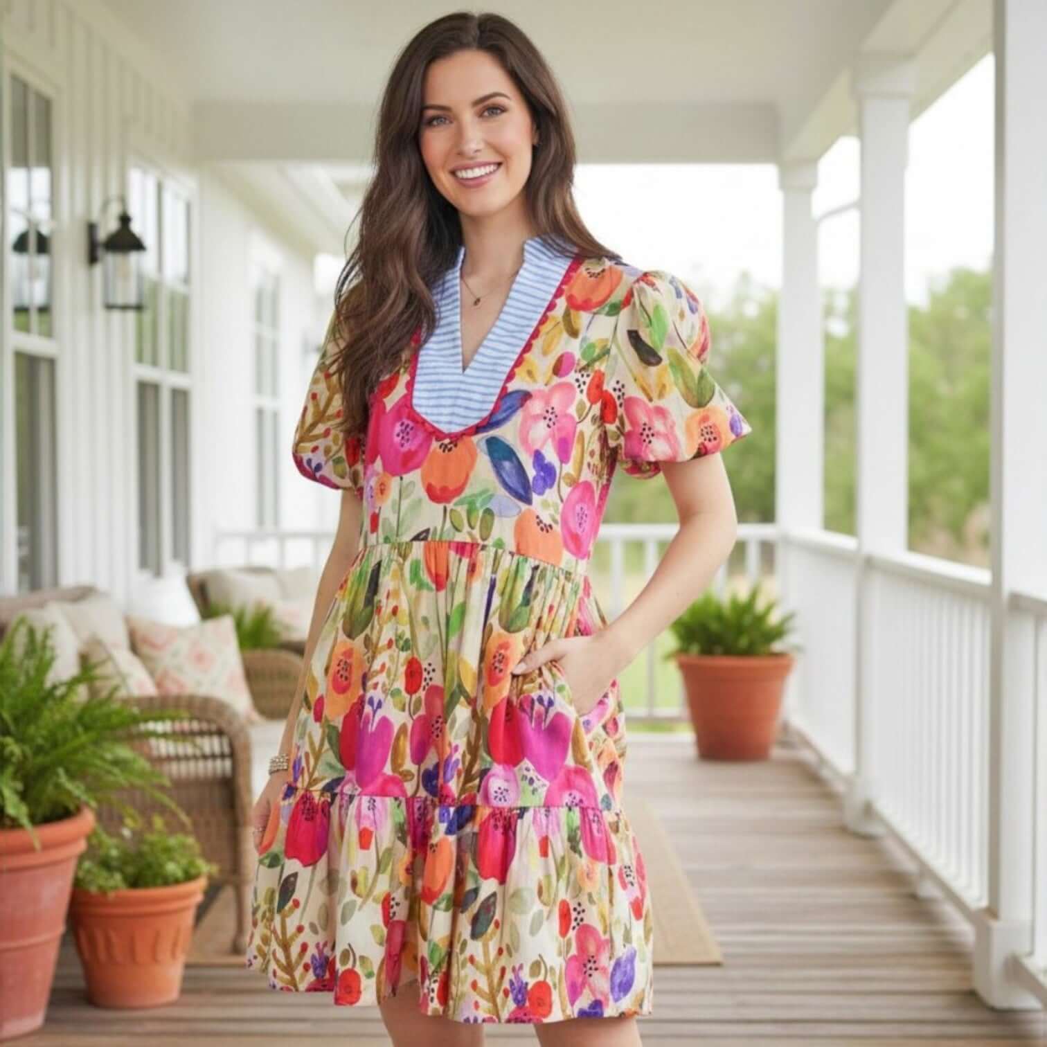 Model wearing BRIGHT DAYS AHEAD DRESS featuring floral print, striped patchwork, and ricrac trim on a porch.