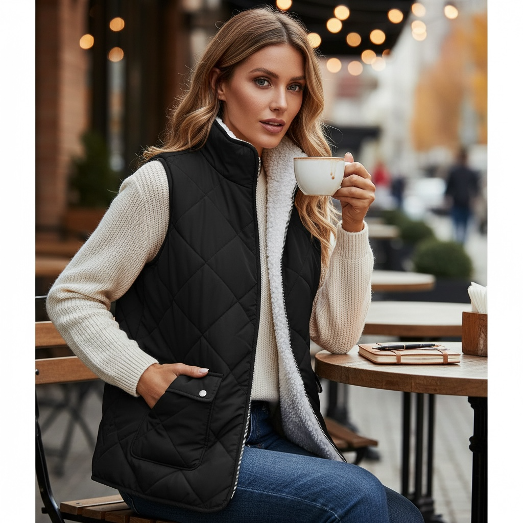 REVERSIBLE RETREAT VEST (black) worn by a woman enjoying coffee at an outdoor café, showcasing stylish quilted design.