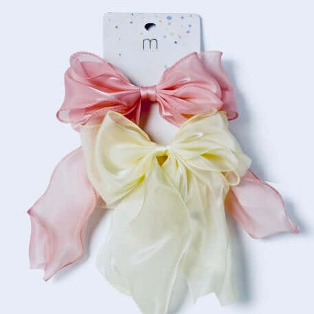 PRETTY PAIR ORGANZA HAIR BOW SET in soft pink and cream colors, perfect for enhancing hairstyles with elegance.