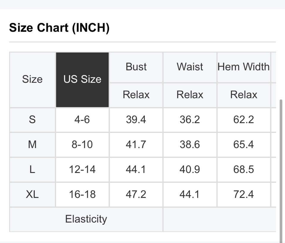 BAYSHORE BEAUTY DRESS size chart showing measurements for S, M, L, XL in inches for bust, waist, and hem width.