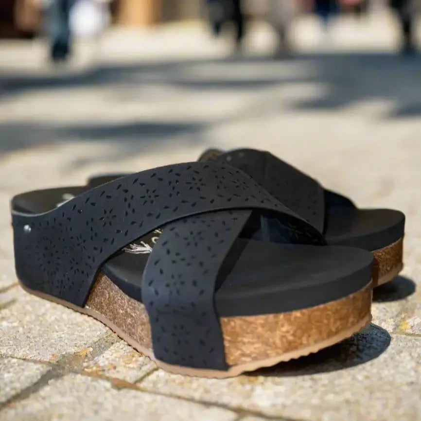 Very G Capri Wedges in black featuring cork sole and laser-cut design, perfect for stylish comfort.