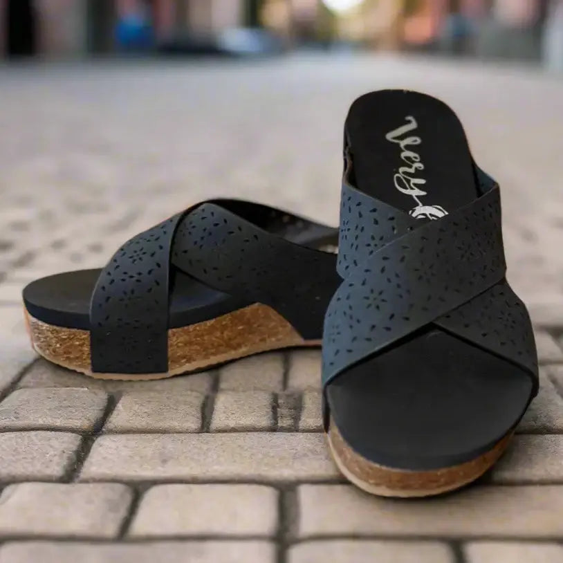 Very G Capri Wedges in Black with cross straps and cork sole, perfect for stylish comfort.