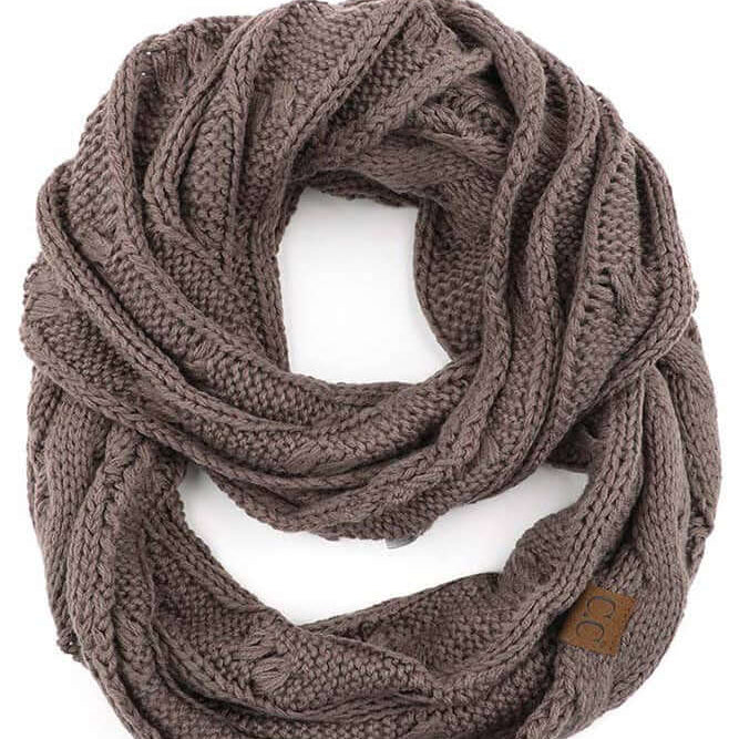C.C Story Book Knitted Scarf in Earth Gray, cozy cable knit infinity style, 100% acrylic for comfort.