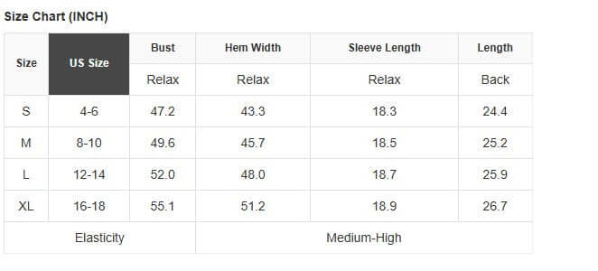 Size chart for EVERYDAY BALANCE TOP showing US sizes, bust, hem width, sleeve length, and overall length.
