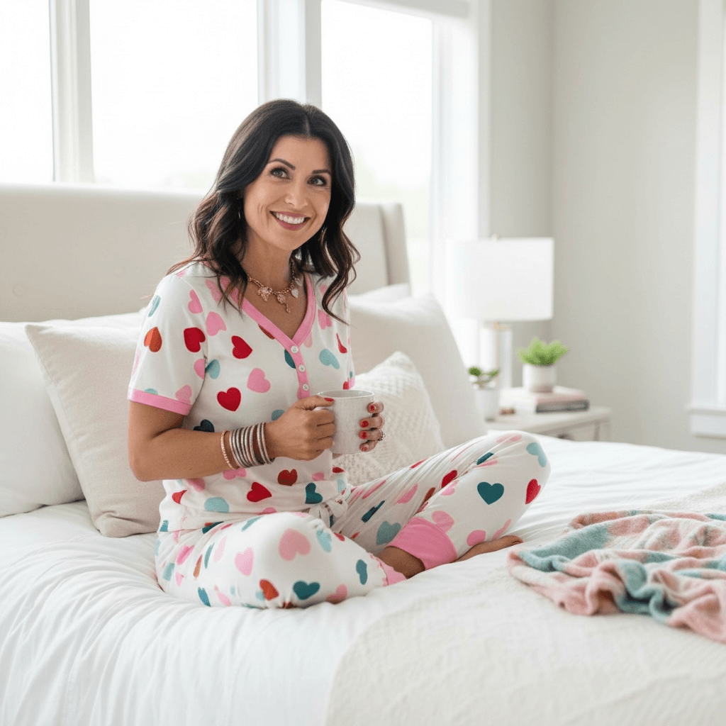 Woman enjoying coffee in SWEET TALK PAJAMAS by Shirley & Stone, featuring a colorful heart print.