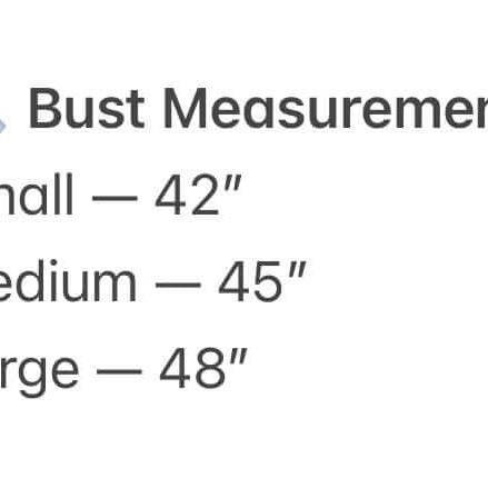 Bust measurements for SPICE MARKET DRESS: Small 42", Medium 45", Large 48".