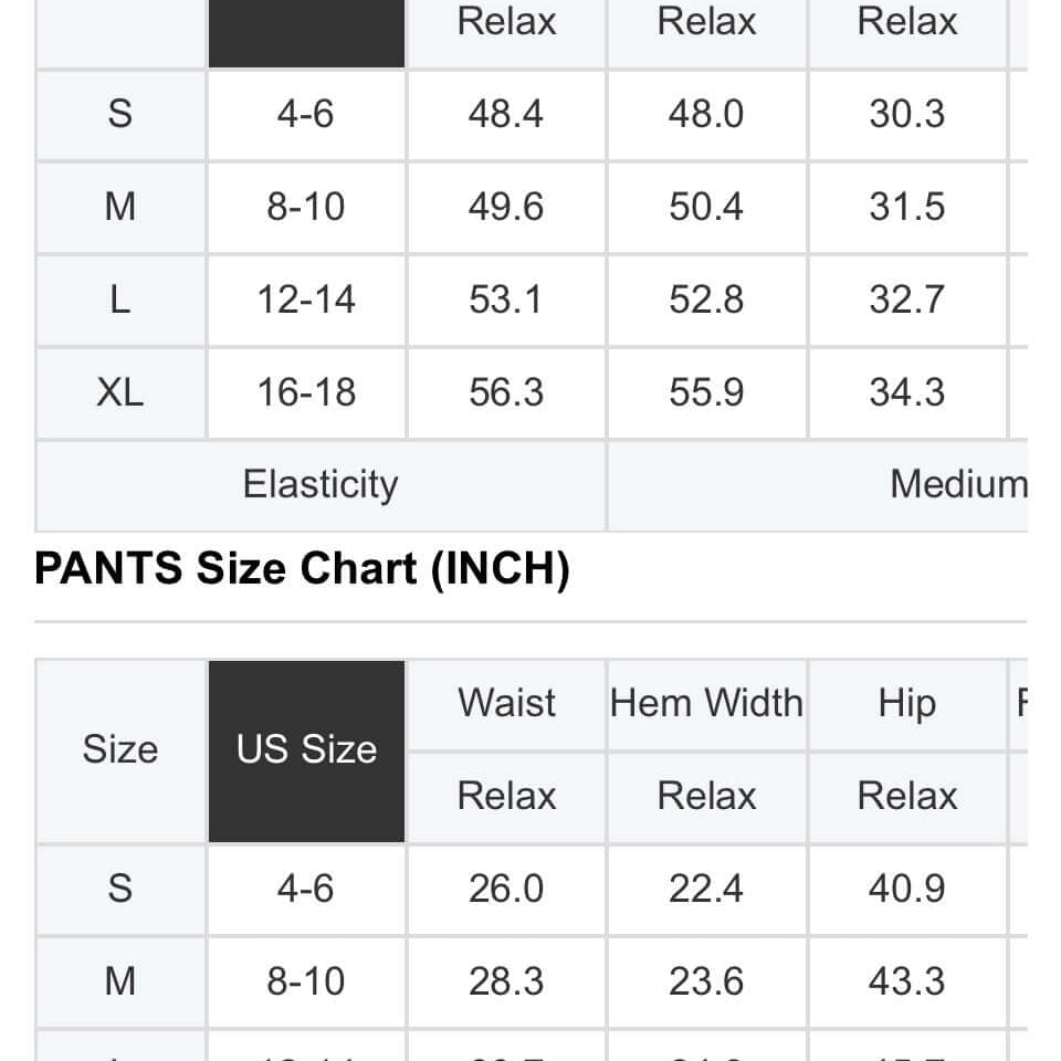 Size chart for PREORDER - SWEET FLOURISH PANTS SET including measurements for tops and pants.