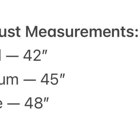 Bust measurements for SOUL FIRE DRESS: Small 42", Medium 45", Large 48".
