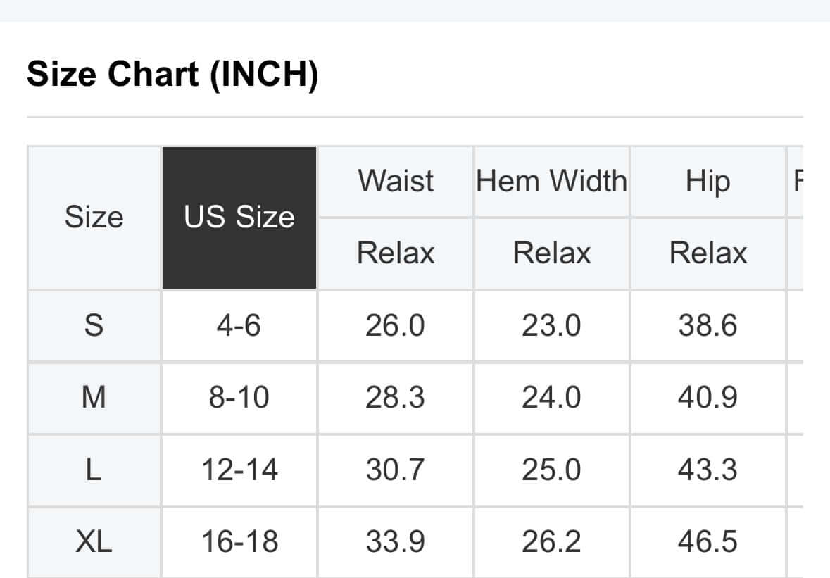 Size chart for SPOTTED SPIRIT PANTS showing US size conversions for waist, hem width, and hip measurements.