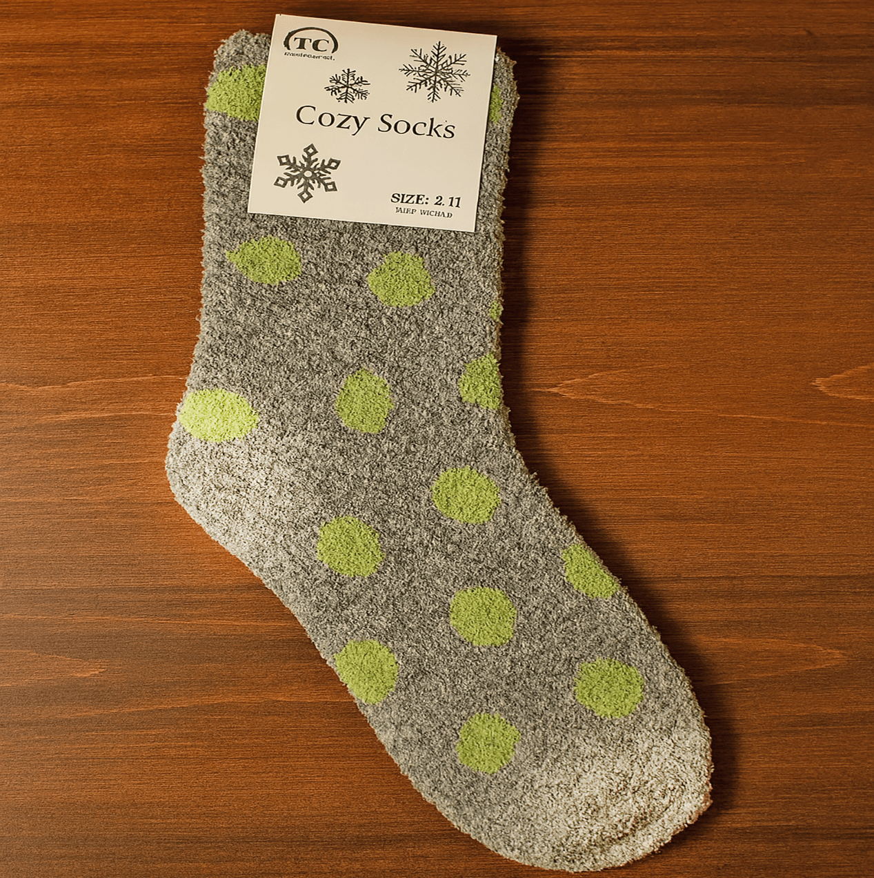 Cozy Snuggle Spot Socks with green polka dots, perfect for warmth and comfort on chilly days.
