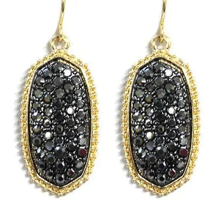 Pave rhinestone drop earrings in elegant oval hexagon shape with black stones and gold trim.