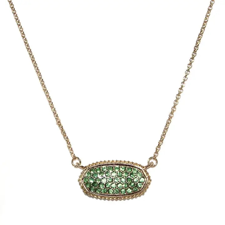 Druzy oval pendant necklace with green stones, perfect for adding elegance to any outfit.