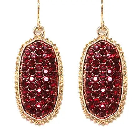 Pave rhinestone drop earrings in oval hexagon shape, shining with red stones and gold trim, perfect for any occasion.