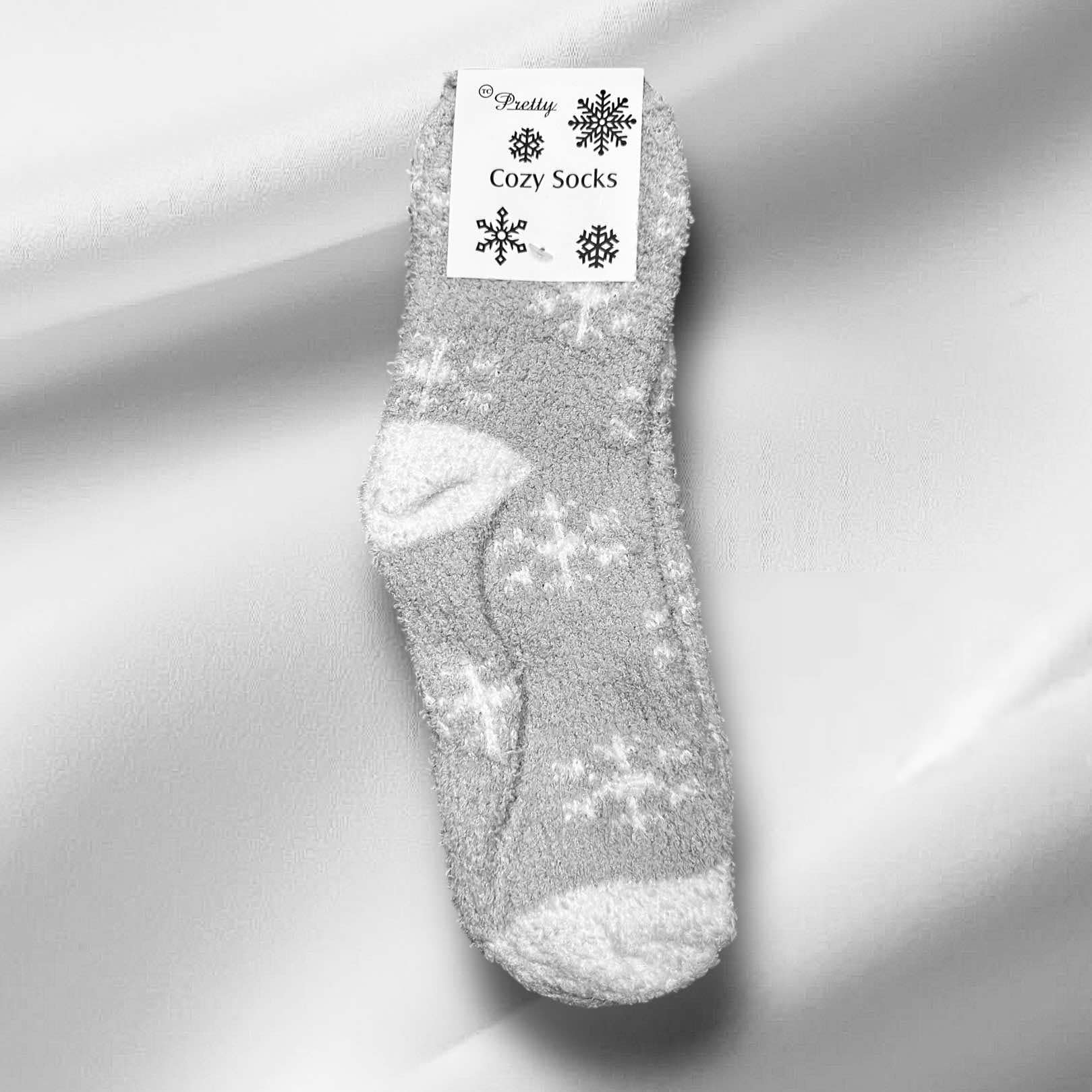 Gray WINTER SNOWFLAKE Sherpa socks by Pretty Cozy, featuring soft snowflake designs for warmth and style.