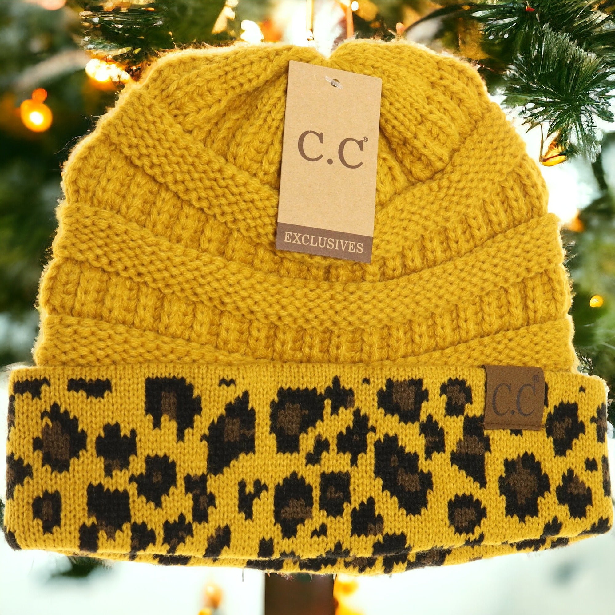 Classic CC Beanie in yellow with leopard print, perfect for cozy winter outfits. One size, hand wash only.