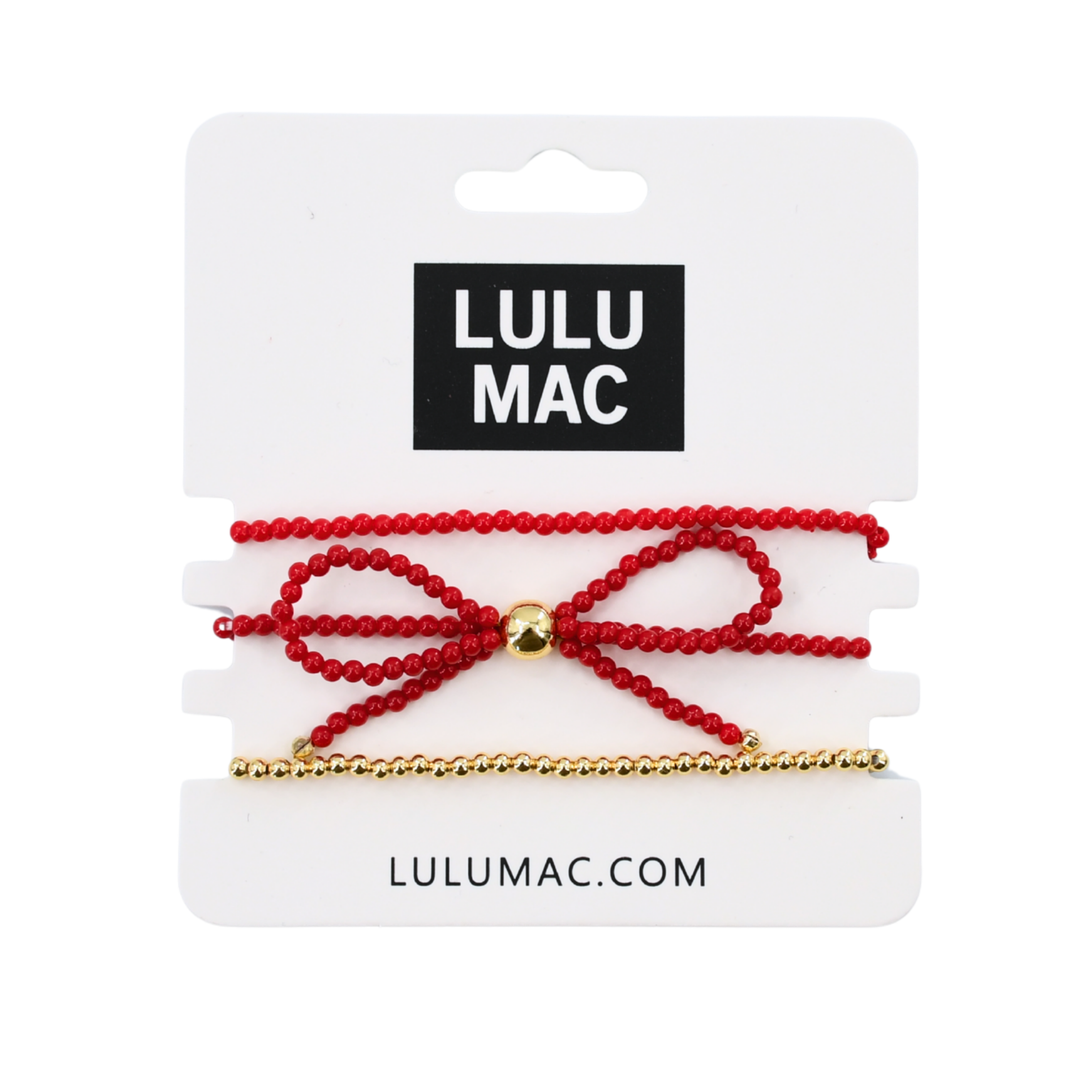 LULU MAC - Love Ties Bracelet Set featuring red beaded bracelet with gold accents and bow design, super cute and will go with anything.