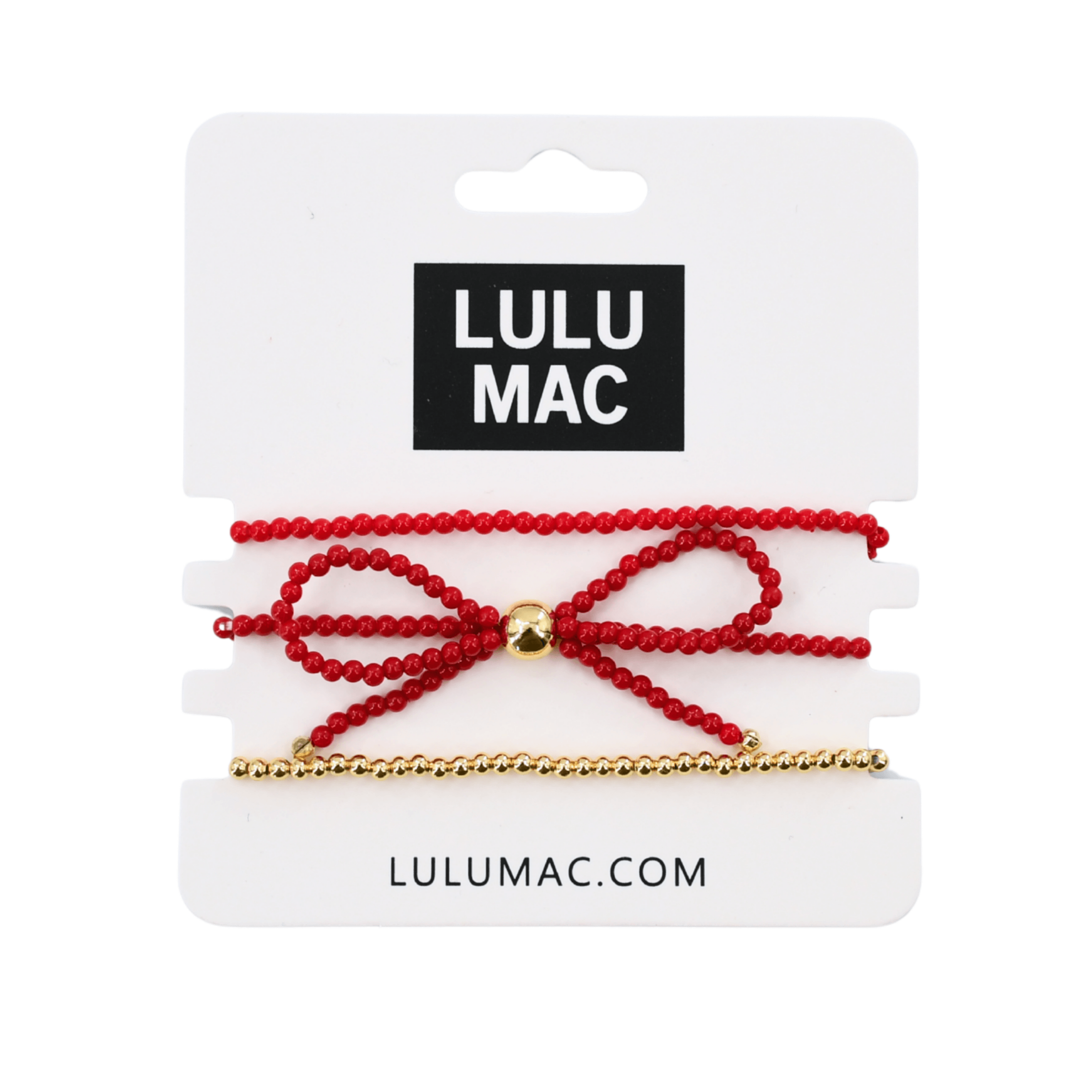 LULU MAC - Love Ties Bracelet Set featuring red beaded bracelet with gold accents and bow design, super cute and will go with anything.