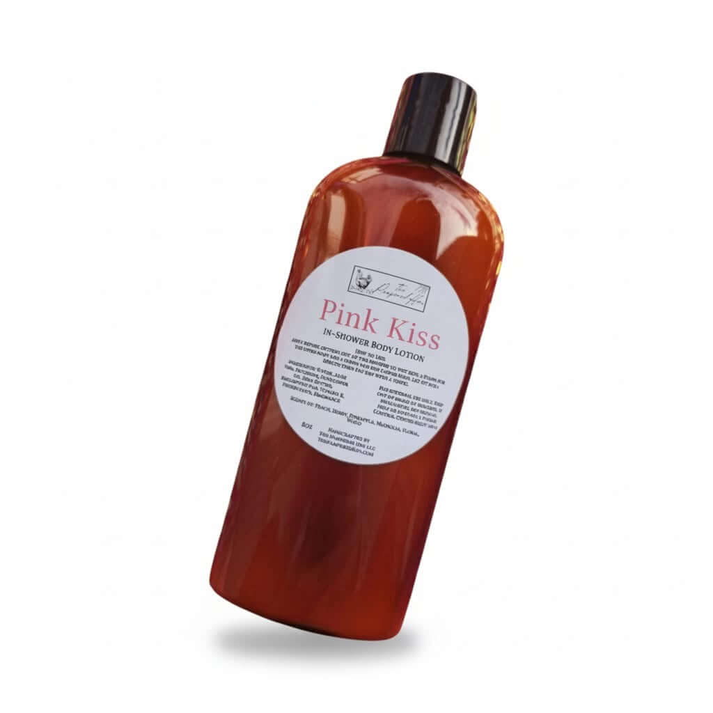 PAMPERED HEN - In Shower Body Lotion 5 scent choices, Pink Kiss scent, 8 oz bottle showcasing elegant design.