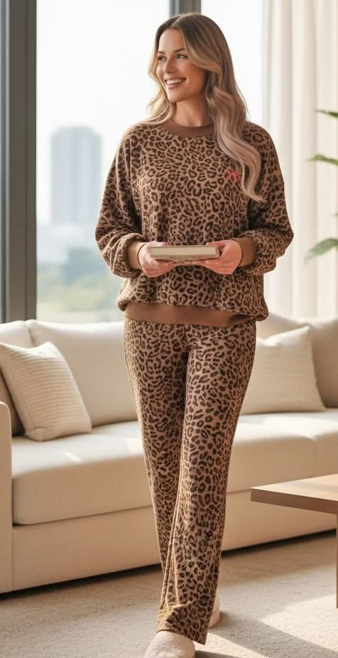 Woman in SPOT ON COZY SET featuring leopard print sweater and pants, relaxing in a modern living room.