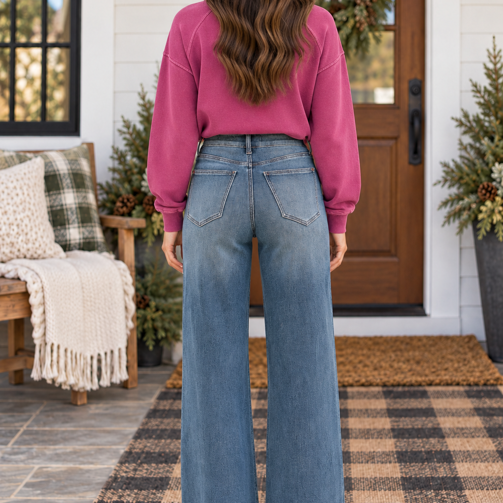 Back view of a woman in JUDY BLUE - LIZA Palazzo Jeans with a pink sweatshirt, standing on a porch.