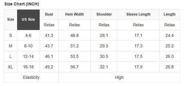 Size chart for SIMPLY ENCHANTED TOP (pink) showing US sizes, bust, hem width, shoulder, sleeve length, and length.