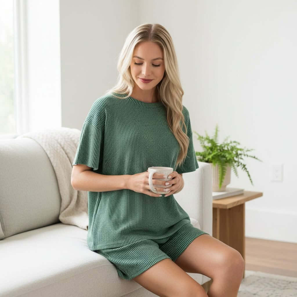 Model wearing CHILL MODE SHORTS SET (hunter) while relaxing on a couch, holding a cup.