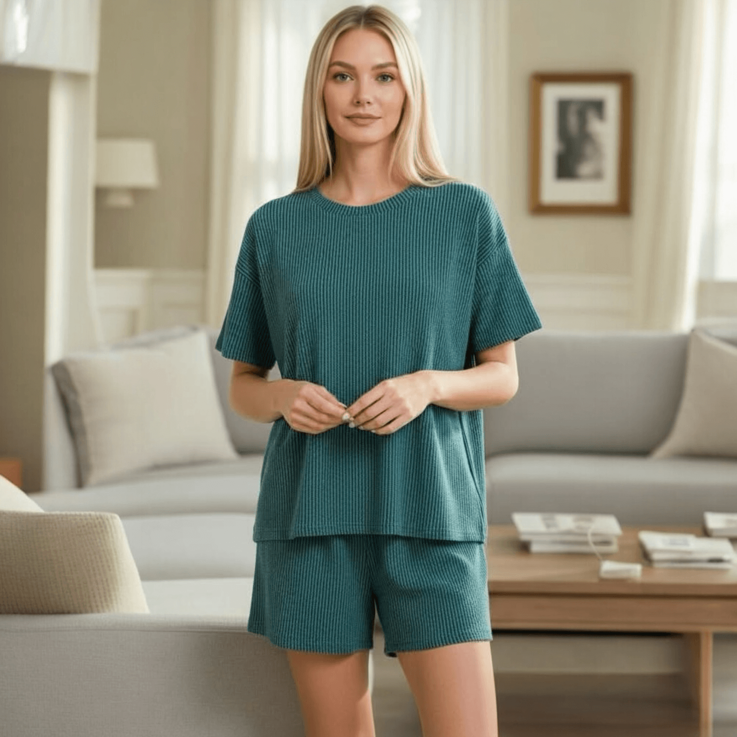 Model wearing CHILL MODE SHORTS SET (teal) in a cozy living room setting, showcasing its comfort and style.