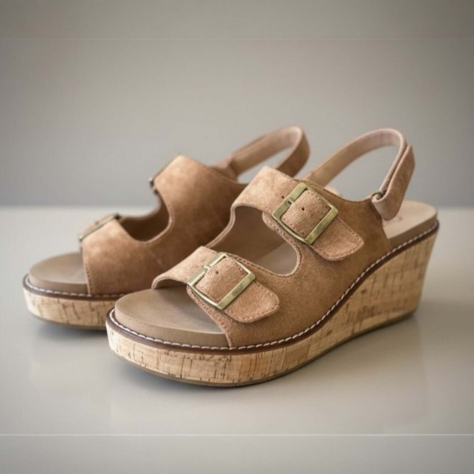 CORKYS MY 2 CENTS WEDGE (brwn) featuring tobacco faux suede and cork wedge sole for stylish comfort.