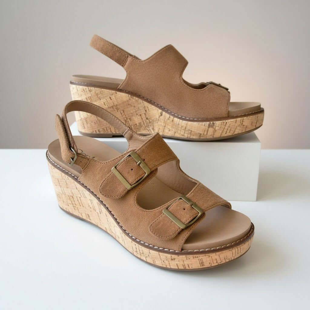 CORKYS MY 2 CENTS WEDGE (brwn) featuring tobacco faux suede and cork wedge sole for style and comfort.