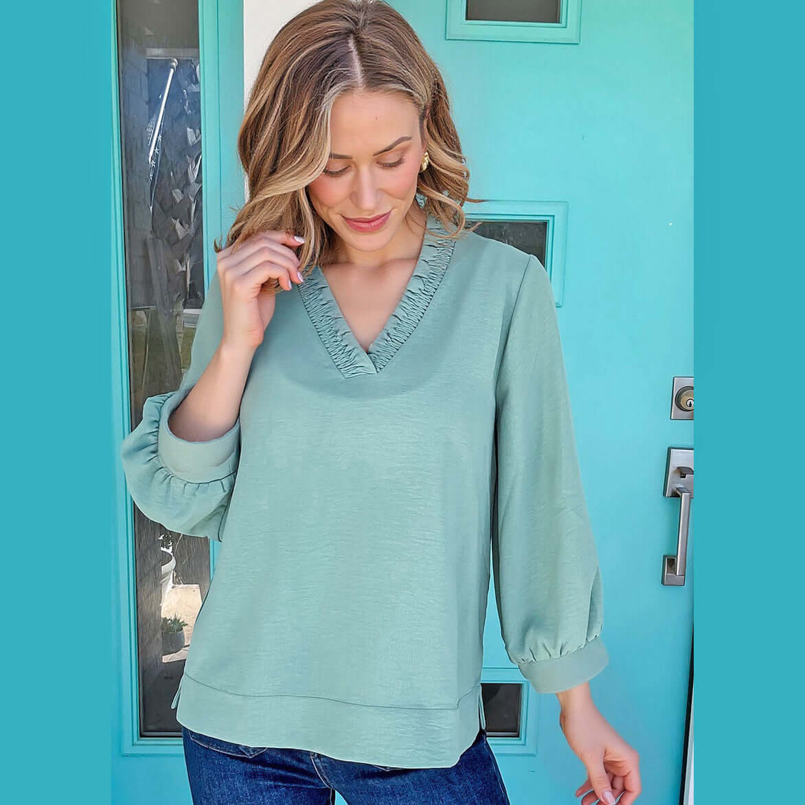 Graceful Glow Top (jade sea) - Chic jade blouse with frilled V-neckline and bracelet sleeves, perfect for any occasion.