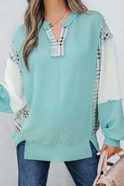 AQUA AVENUE TOP featuring ribbed texture and plaid patchwork design in a relaxed fit for everyday comfort.