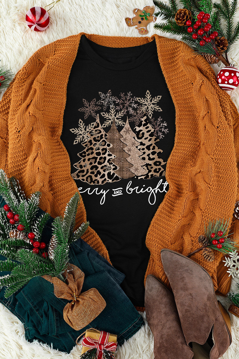 Merry & Bright Leopard Tee featuring festive trees and leopard print, styled with autumn accessories.