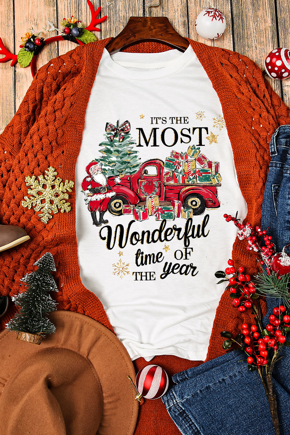 Holiday-themed 'Most Wonderful Time' T-shirt featuring a red truck filled with gifts, perfect for festive layering.