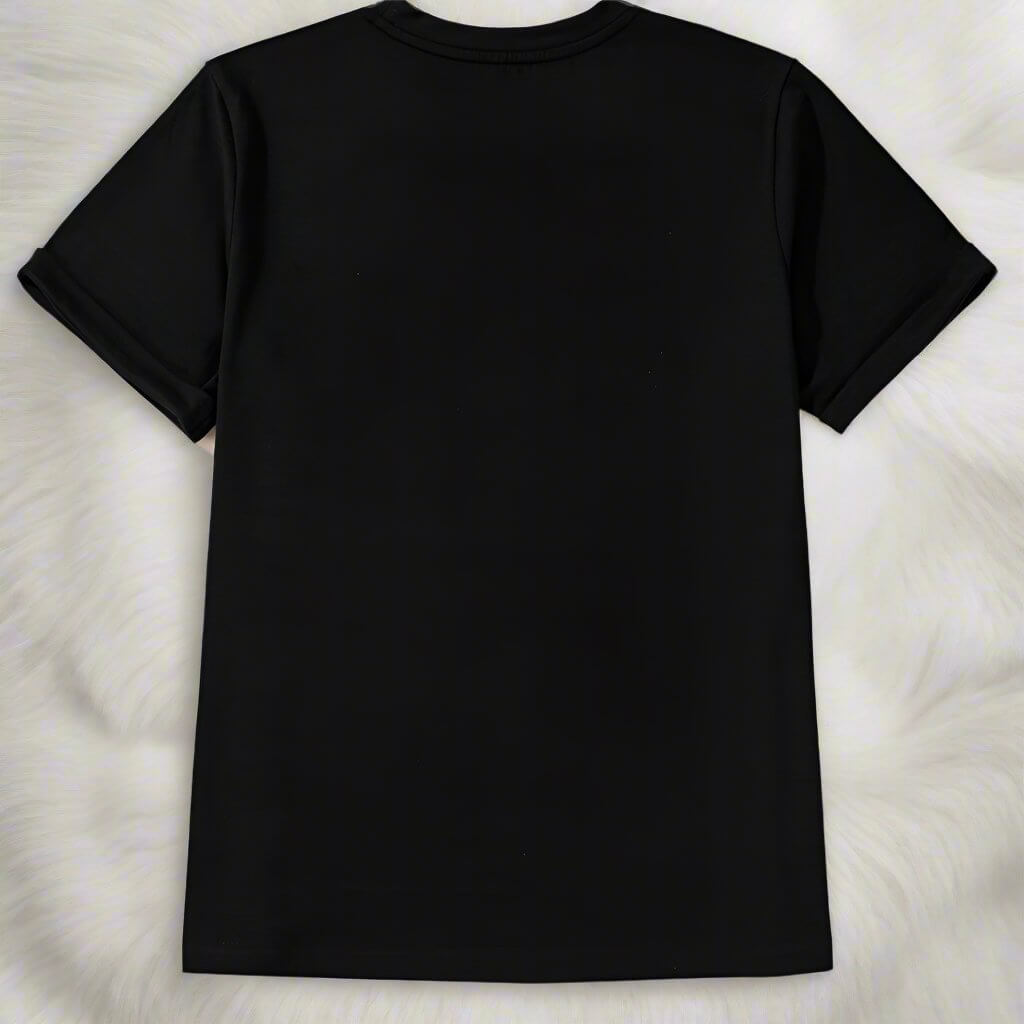 Black T-shirt back view on a fluffy white background, perfect for casual or holiday outfits.