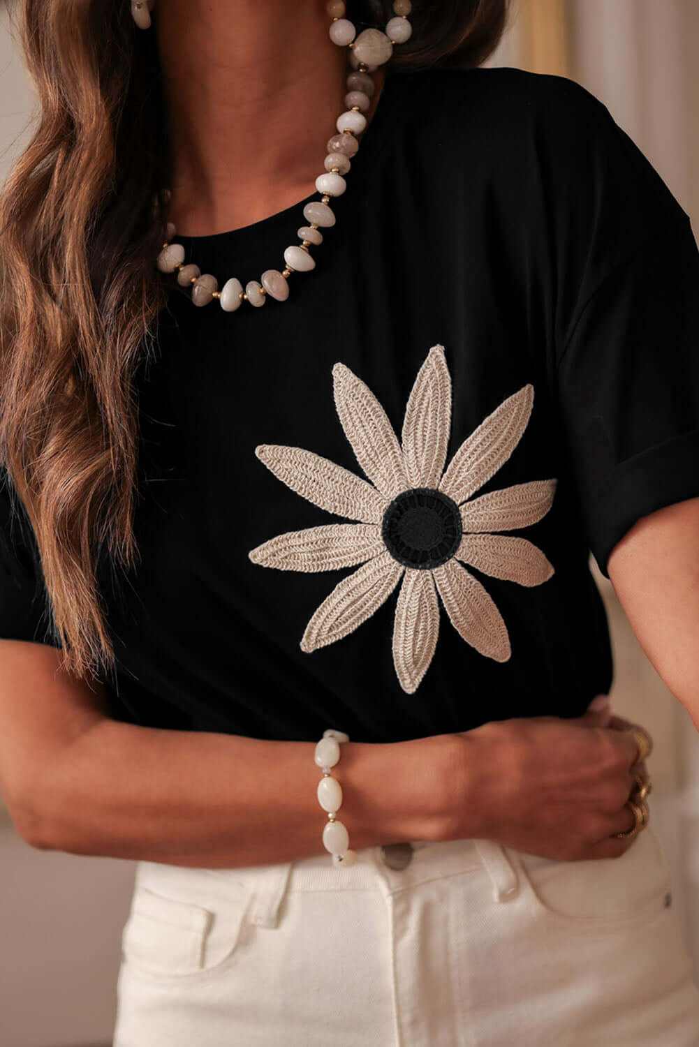 Moonlit Daisy Crochet Floral Graphic Tee with Black Background and Casual Style