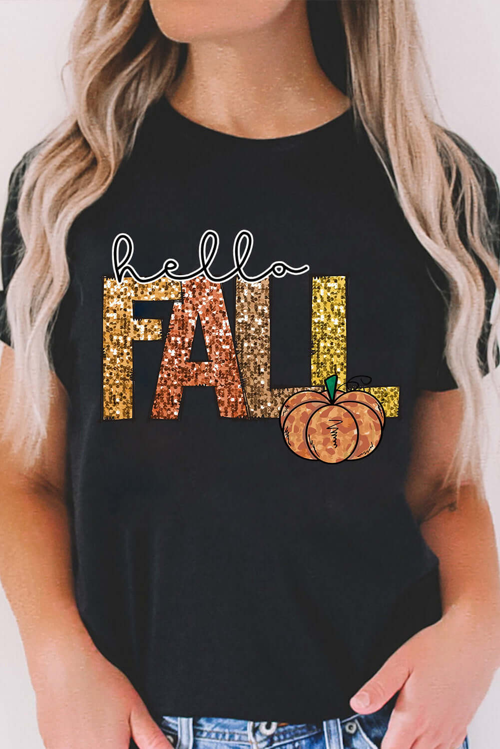 HELLO FALL TEE featuring sparkling lettering and pumpkin graphic on a black shirt, perfect for autumn wear.