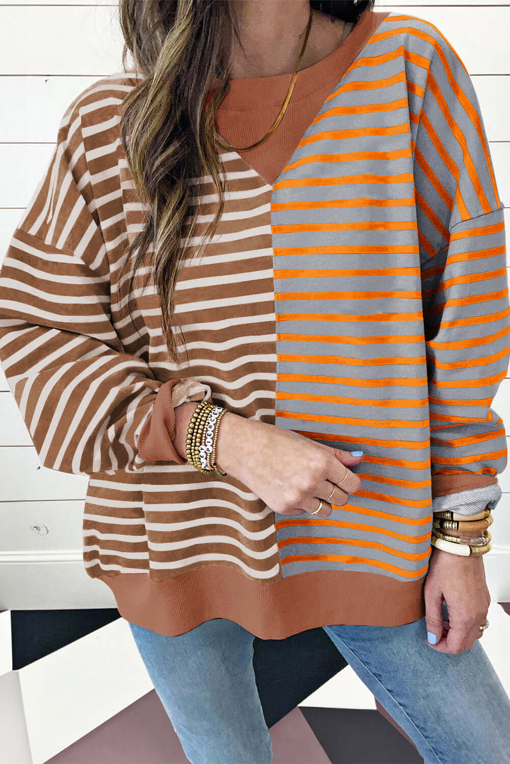 Maple Cider Crewneck Top featuring brown and gray colorblock stripes, oversized fit and casual drop-shoulder style.