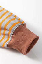 MAPLE CIDER CREWNECK TOP featuring a brown stripe colorblock design and relaxed fit, ideal for cozy fall outfits.