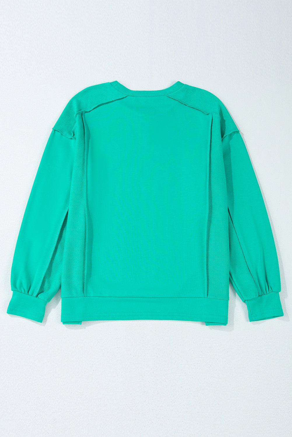 Back view of the Teal We Meet Again Crewneck sweatshirt featuring a relaxed fit and stylish splicing details.