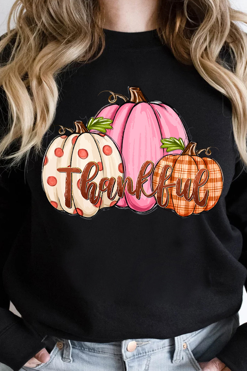 So Thankful crewneck with colorful pumpkin graphic, perfect for cozy Thanksgiving wear.