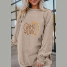 LOVE OF THE GAME CORDED CREW featuring embroidered 'Game Day' lettering in Harvest Beige, perfect for football season.
